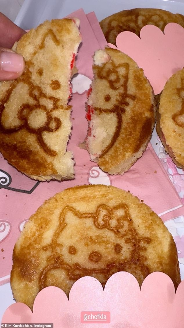 Looks delicious: Kim shared a close-up of what appeared to be grilled cheese sandwiches with pink cheese