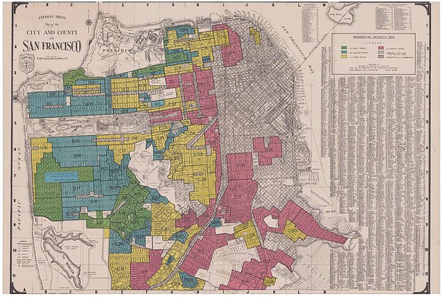 A map of red lines cited in the proposal.  The map was created for banks to rate the safety of loans made to residents of certain areas of the city.  The most risky assumptions, the red zones, were the black neighborhoods.