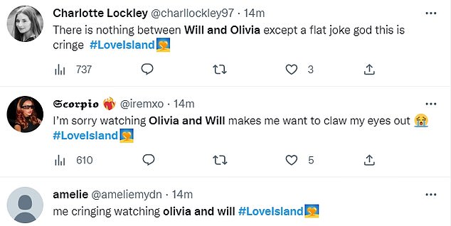 'Cringe!': On Twitter, viewers wrote: 'Olivia doesn't like that guy she just can't stand Will and is trying to swing lol!