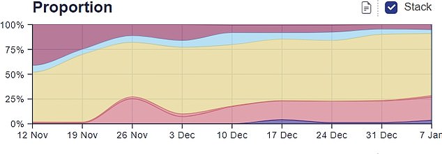 This chart, taken from the Sanger Institute, shows the growth of both Orthrus (salmon colour) and Kraken (purple) since November 12. However, Omicron strain BQ.1 (yellow) is still the dominant variant. Other Covid variants on the chart include other BA.5 sub-lineages (maroon), BA.2 (light blue) and BA.4 (thin orange line)