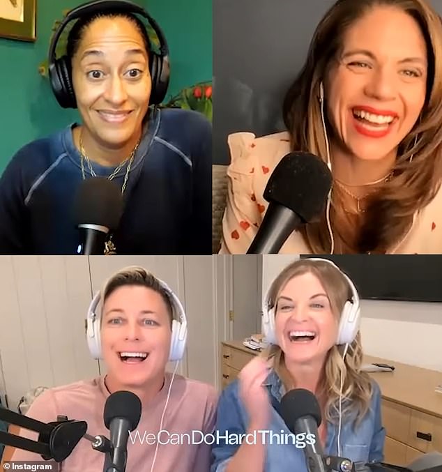 Doyle (bottom right) co-hosts the podcast with his wife, former soccer star Abby Wambach (bottom left), and sister, Amanda Doyle (top right).