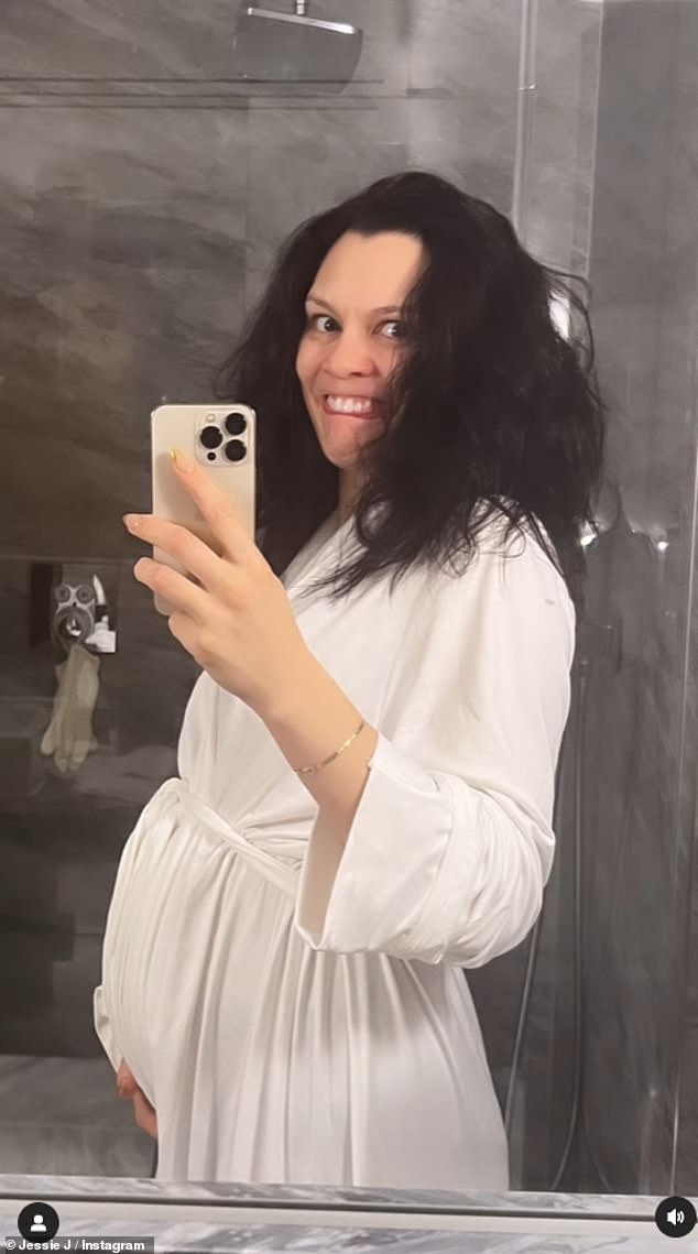 'The night before vs. the morning after!': Jessie likened the glamorous snap to when she first woke up the next morning as she posed with her unruly hair in a white robe.