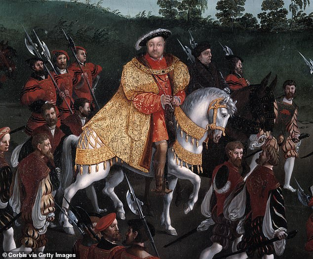 The clip highlights the serious injuries the King sustained in a jousting accident in 1536, in which an armored horse fell on him, crushing his legs.  Above: Henry is depicted on horseback in 1520, in a painting by Friedrich Bouterwerk