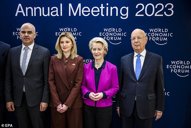 Alain Berset, President of Switzerland, Olena Zelenska, First Lady of Ukraine, Ursula von der Leyen, President of the European Commission and founder of the World Economic Forum, Klaus Schwab, pose together today.