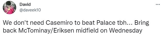 Manchester United fans took to social media in droves to beg that Casemiro be given the night off against Palace