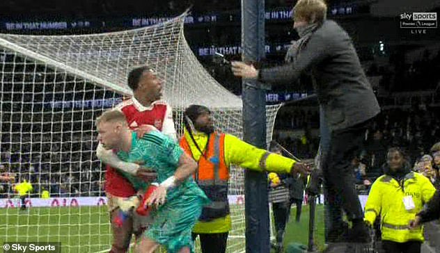 There was a shocking moment when a Tottenham fan kicked Arsenal goalkeeper Aaron Ramsdale in the back following the Gunners' 2-0 win.