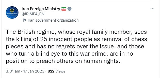 The official Twitter account (pictured) of Iran's Foreign Ministry accused the Duke of Sussex of showing no remorse for the killing of 'innocent' lives and accused Britain of enabling this 'war crime'.  