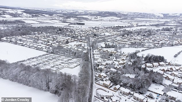 Snow covers the fields and houses in the town of Corbridge in Northumberland on Monday morning