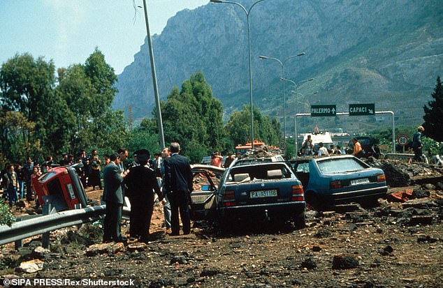 Messina Denaro was sentenced in absentia to a life term for his role in 1992 in the murders of anti-mafia prosecutors Giovanni Falcone and Paolo Borsellino. Pictured: The scene of the murder of Falcone in Palermo, Sicily, in 1992