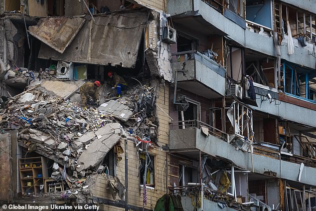 Rescuers of the State Emergency Service of Ukraine operate at the site of a missile strike in Dnipro on January 15