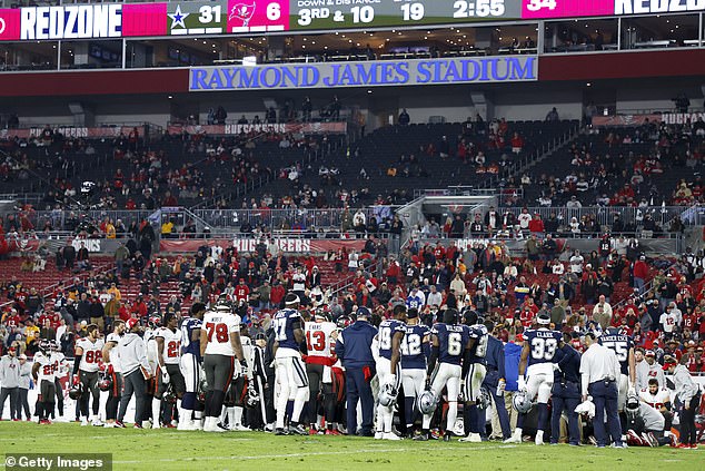 In a scene eerily reminiscent of Buffalo Bills safety Damar Hamlin's on-field cardiac arrest in Cincinnati on Jan. 2, both teams stood silently on the field with several players kneeling in prayer as Gage was examined by staff. doctor.