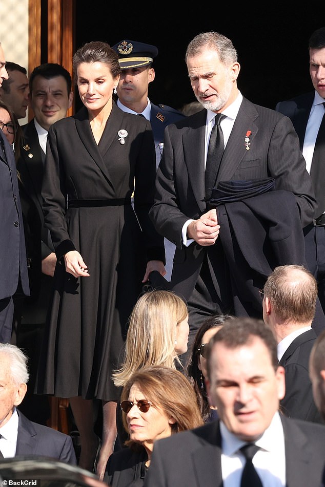 Queen Letizia and King Felipe of Spain joined their parents Juan Carlos and Queen Sofia to pay their respects.