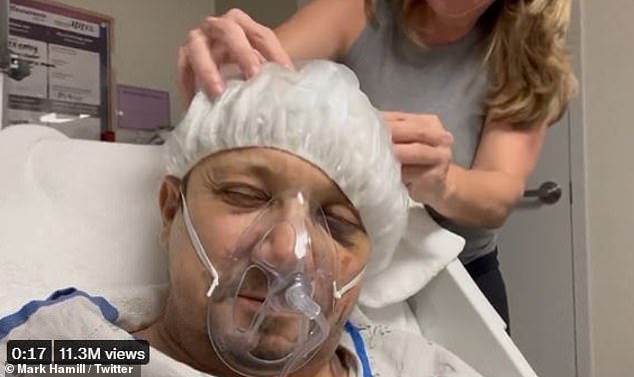 Jeremy Renner, 52, receives a head massage at the hospital after his horrific snowplow accident