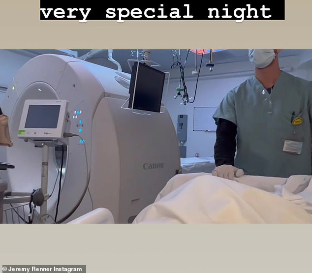 Renner shared images from the hospital of what appeared to be him being wheeled in for a CT scan or MRI on Friday.  Captioning the video, Renner wrote: 