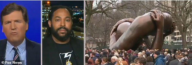 Tucker Carlson (left) and Seneca Scott (right) discuss the recently unveiled controversial MLK statue in Boston (right)