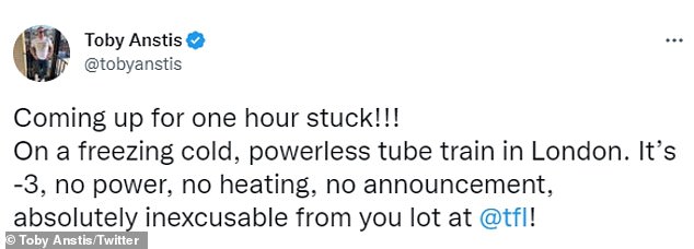 Shortly after, he wrote: 'Please @tfl get this fucking train moving!  The lights are off and it's freezing cold!  This is now totally unacceptable!