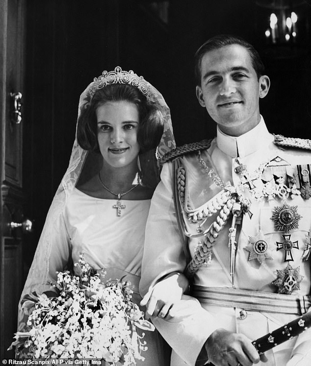 While photos from the merry nuptials in 1964 show the queen decked out in her bridal attire with the diamond amulet on a chain, yesterday she wore it on a pearl necklace.