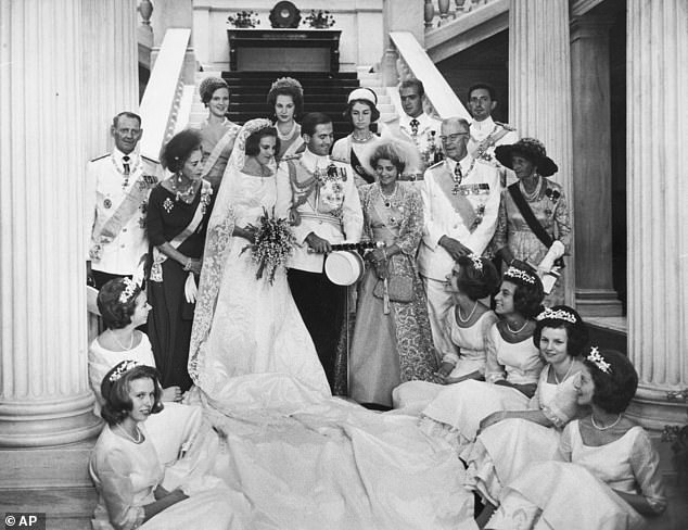 Snapshots from 59 years ago show the beloved couple in the Greek capital, with Anne-Marie looking stunning in an elegant white gown and glittering crown while a dashing Constantine flaunted his medals for the occasion.