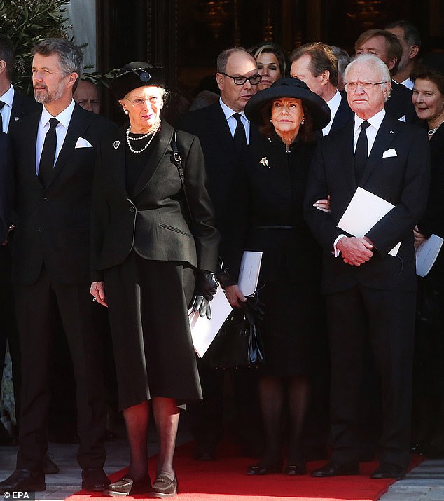 King Carl XVI of Sweden (right) and Queen Silvia (centre right), Queen Margrethe II of Denmark (centre left), Frederik, Crown Prince of Denmark (left) and Prince Albert II of Monaco ( center) left the Metropolitan Cathedral of Athens after the funeral service