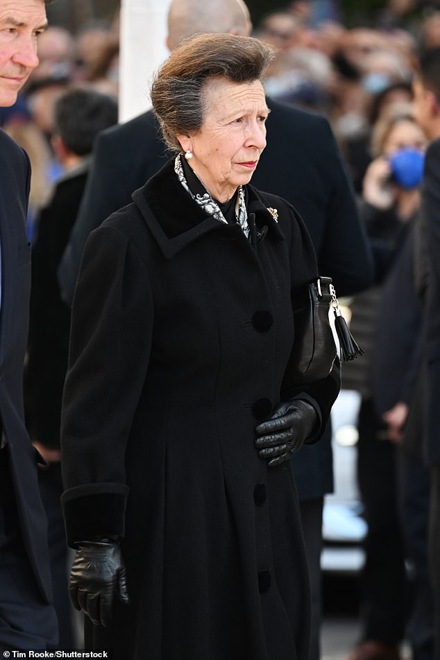 Princess Anne looked somber as she arrived at the Athens Orthodox Metropolitan Cathedral to pay respects to her second cousin.