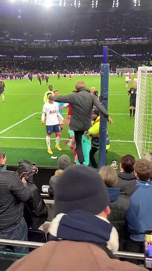 The incident saw the fan jump from the stands onto a billboard and kick Ramsdale in the back as he picked up his water bottle.