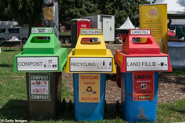 NSW generally separates its rubbish into compost (left), recycling and landfill (right)