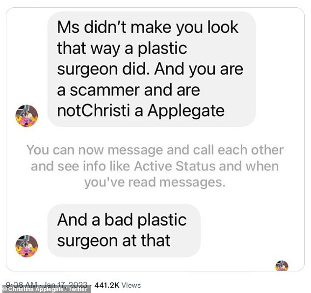 'This was his response': Applegate, who announced his MS diagnosis in 2021, posted a screenshot of a message he received from a troll insisting his change in appearance was not due to his battle with multiple sclerosis but because of go through the operating room.