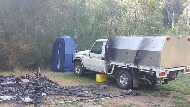 The depleted camp of Russell Hill and Carol Clay photographed by a camper near the Dry River Track at Billabong in the Wonnangatta Valley