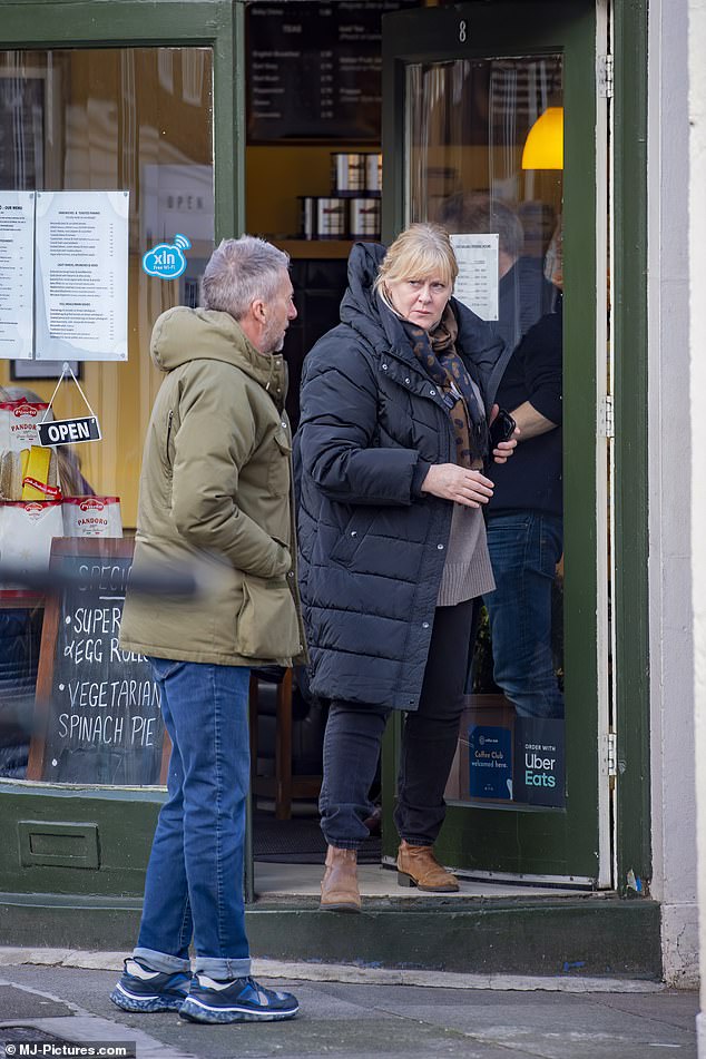 Life imitates art: Sarah Lancashire stopped at a London cafe with her husband, TV producer Peter Salmon, 66, after that lauded scene in their BBC drama Happy Valley.