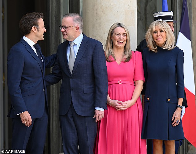 Anthony Albanese is greeted by Emmanuel Macron along with his partners Jodie Haydon and Brigitte Macron after a trip to Paris in 2022 in an effort to repair diplomatic relations following the submarine contract fiasco.