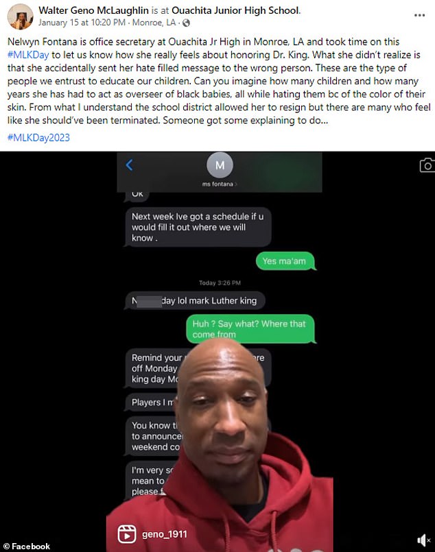 In a Facebook post Monday, Walter Geno McLaughlin, a self-described artist, activist and organizer, shared a video revealing an image of former Ouachita Parish High School Secretary Nelwyn Fontana along with a screenshot of their alleged texts.