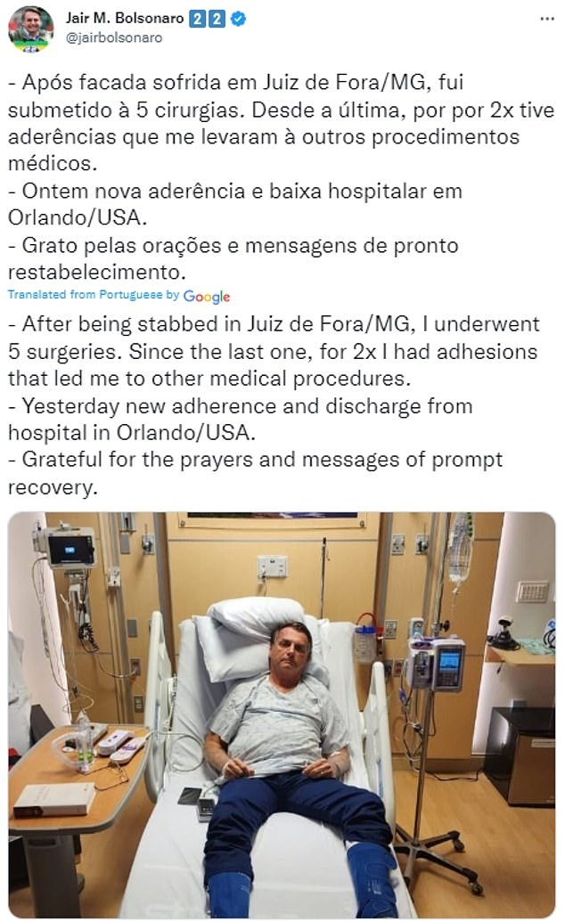 Bolsonaro posted an image of himself lying in a hospital bed recovering from treatment in Florida last week.