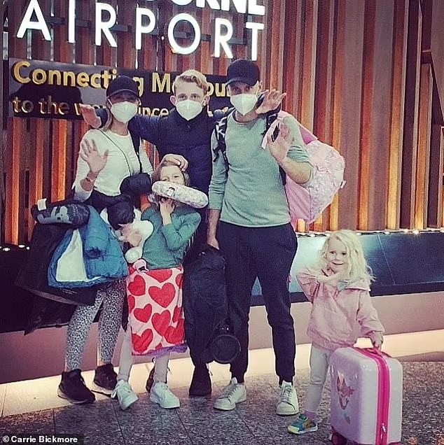 In April last year, Carrie and Chris temporarily moved to the UK for a three-month gap year with their children Ollie, 15, Evie, seven, and Adelaide, four (all pictured).