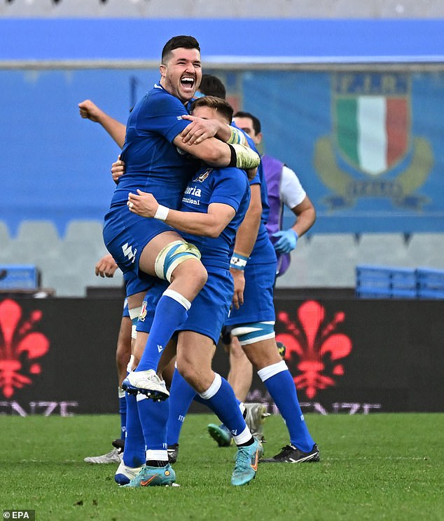 The Italian side pictured celebrating the shock win over the Wallabies last November