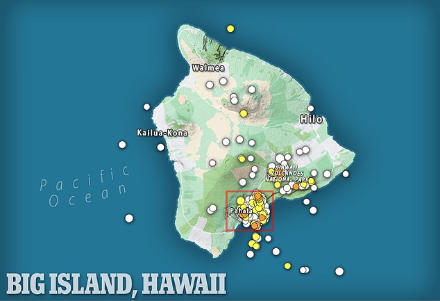 Each point on the map represents an earthquake that has been detected in the last month.  Pahala lies below the point group on the southern Big Island