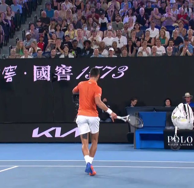 The ad opens with a shot of a beaming Djokovic playfully wiggling his butt as he prepares to return a serve.  He then he starts dancing on the court.