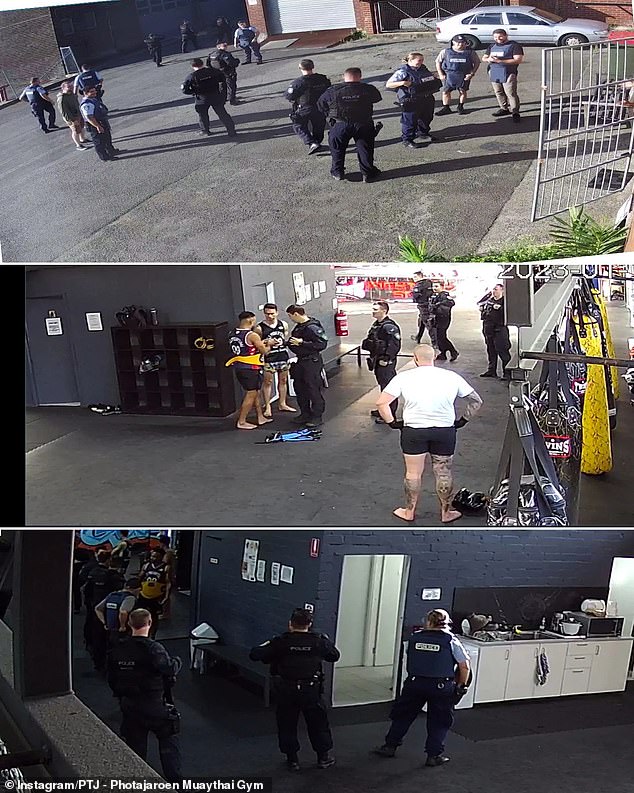 Gym security cameras show the impressive contingent of police officers who responded to the accidental call