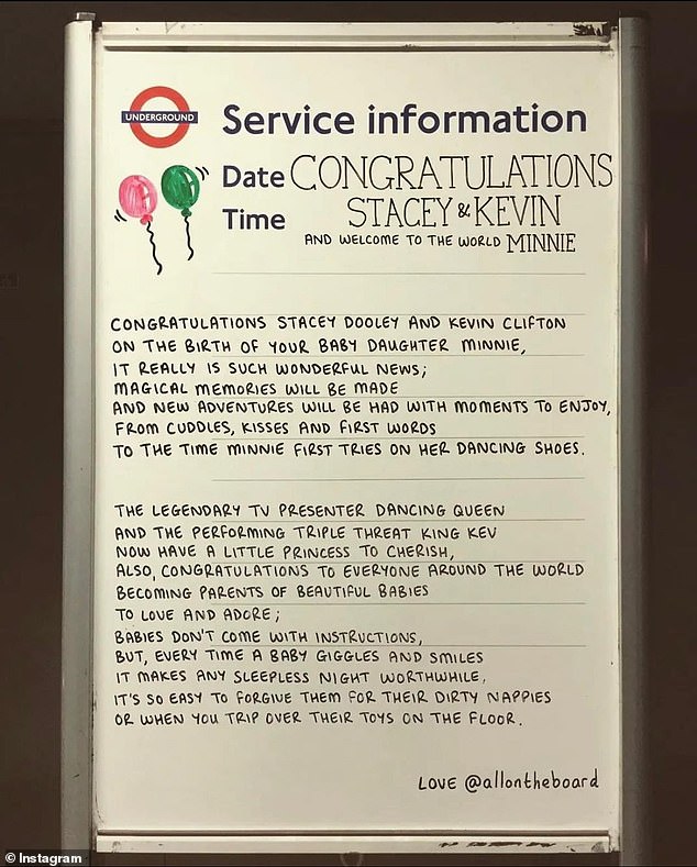 Good wishes: A congratulatory message for Stacey and Kevin was written on the London Underground service information board on Tuesday.