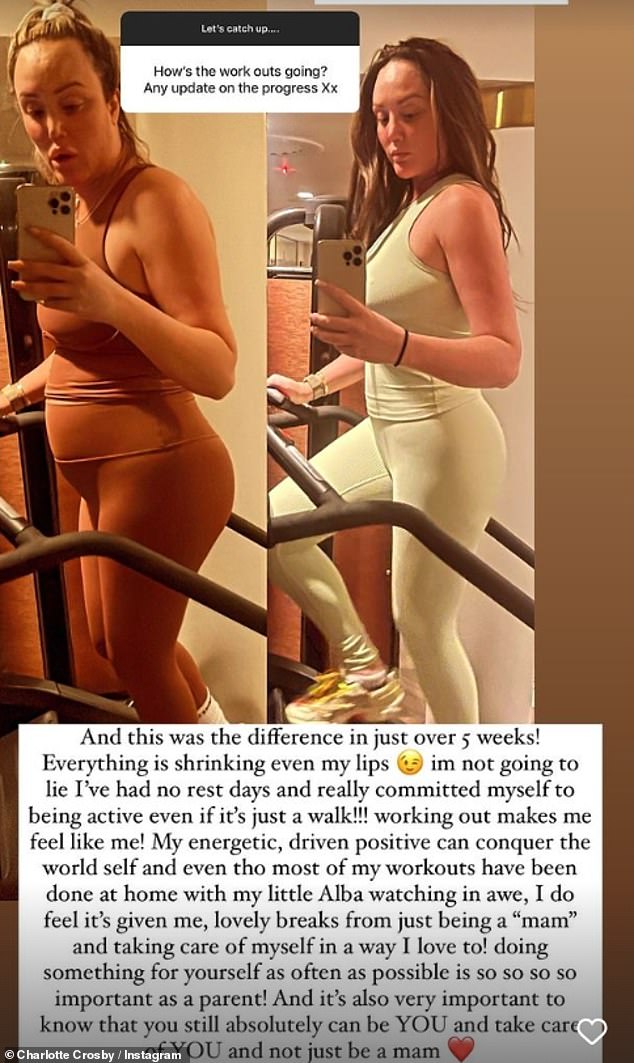 Selling time: For now, Charlotte is recovering from motherhood and also getting back into her postpartum fitness and shared a before-and-after photo taken after five weeks of training