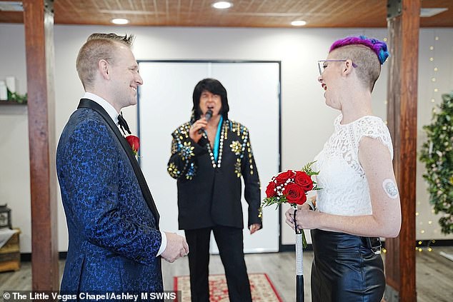 For their fourth celebration, the couple tied the knot in an Elvis Presley-themed chapel surrounded by 38 of their friends.