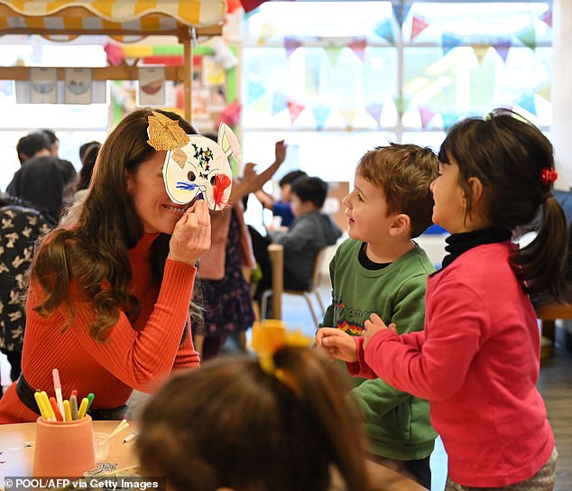 A work of art!  The Princess of Wales delighted young children at the nursery as she held one of the bunny mask creations to her face.