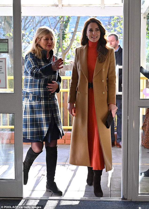 Regal as always!  Kate, 41, stunned in a camel Massimo Dutti coat and a Gabriela Hearst blouse and skirt combination when she arrived at the nursery.