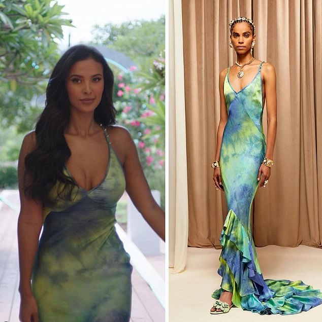 A Dream in Green: She also wore a Roberto Cavalli green and blue silk slip dress with Aquazzura sandals that looked amazing on her.