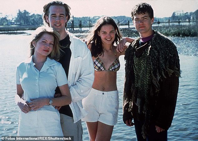 Fame: Katie (center) starred on the show for its six seasons over five years (pictured with co-stars LR Michelle Williams, James Van Der Beek, and Joshua Jackson in 1998)