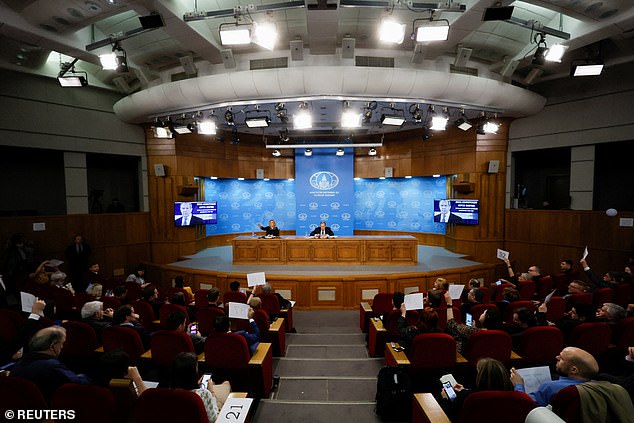 Russian Foreign Ministry Spokesperson Maria Zakharova and Foreign Minister Sergei Lavrov attend their annual press conference, in Moscow, on January 18.