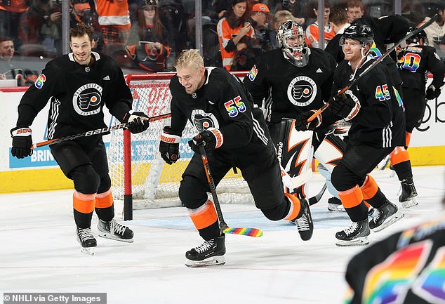 Joel Farabee #86, Rasmus Ristolainen #55, Carter Hart #79 and Cam York #45 of the Philadelphia Flyers skate during warmups prior to their game against the Anaheim Ducks