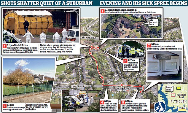 Davison first murdered his own mother, Maxine, in her nearby home, before going out and randomly killing schoolgirl Sophie Martyn, her 43-year-old father Lee, and dog walker Stephen Washington.  He then walked across the street to a hair salon where he shot and fatally wounded 66-year-old Kate Shepherd.