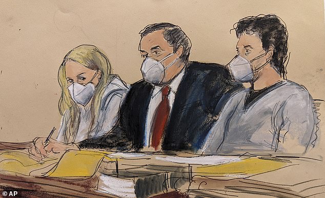 In this courtroom sketch, attorney Sam Enzer, center, sits between Heather Morgan, left, and her husband, Ilya. "Dutch" Lichtenstein, in federal court in February 2022