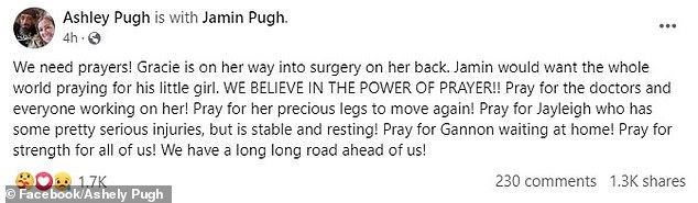 His wife, Ashley Pugh, asked for prayers for their daughters on Facebook early Wednesday morning.