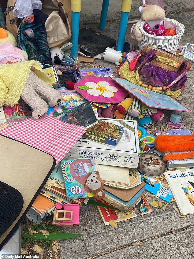 Children's toys, books and strange furniture were seen lying on the natural strip.